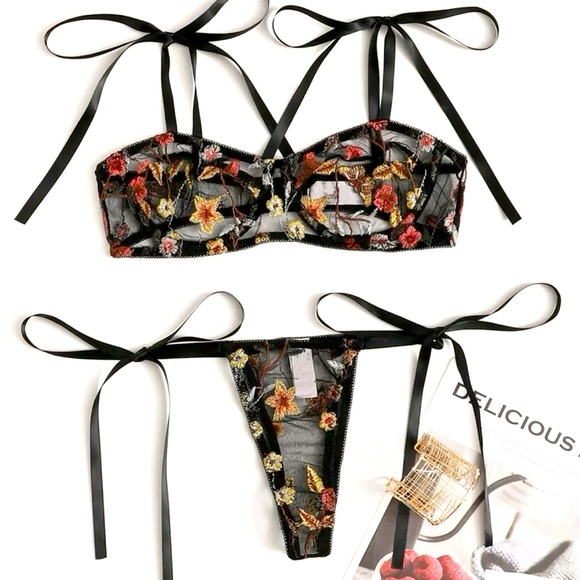 Floral Fall Embroidery Bra & Side Tie Thong - Picture 3 of 8